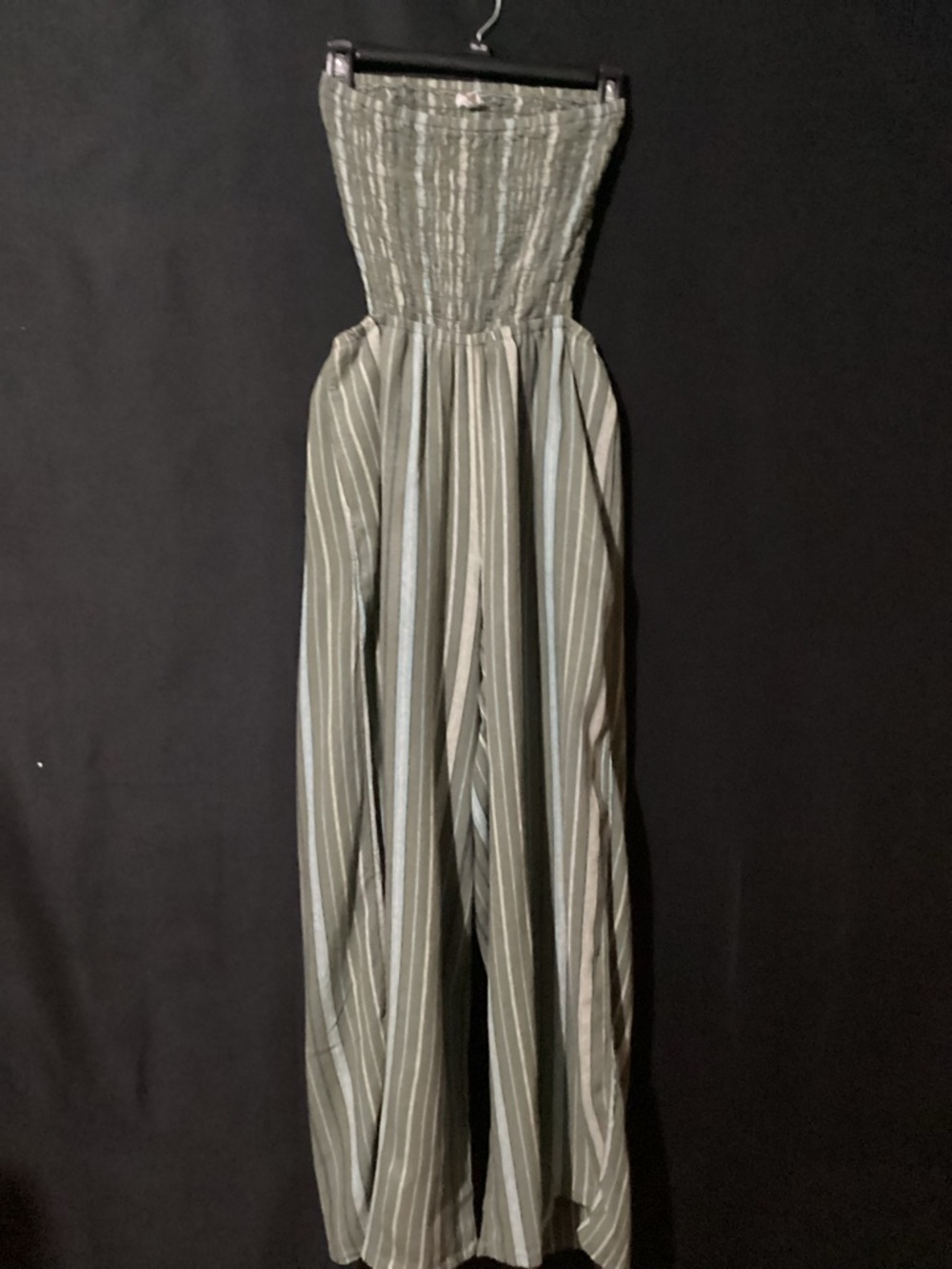 aerie Olive and Cream Strapless Smocked Wide-Leg Jumpsuit